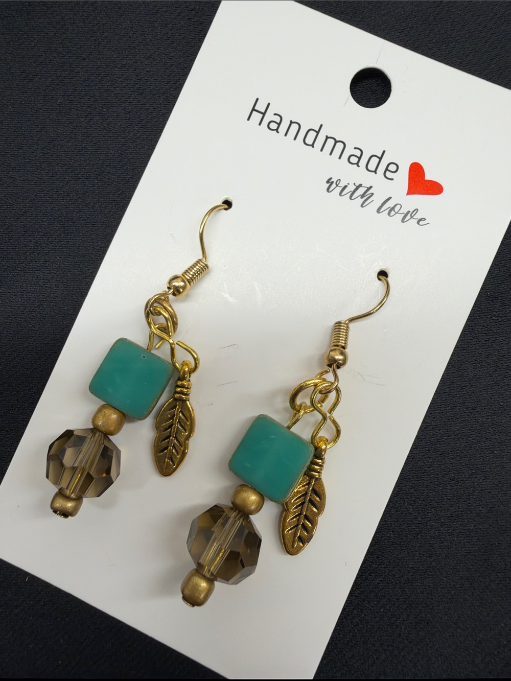 NEW Handmade Gold-Tone Teal Bead Dangle Earrings